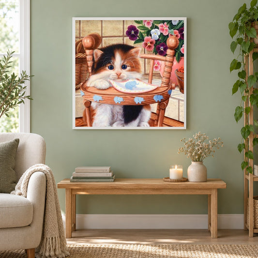Super süßes Kätzchen & Blume als gerahmtes Diamond Painting im Wohnzimmer