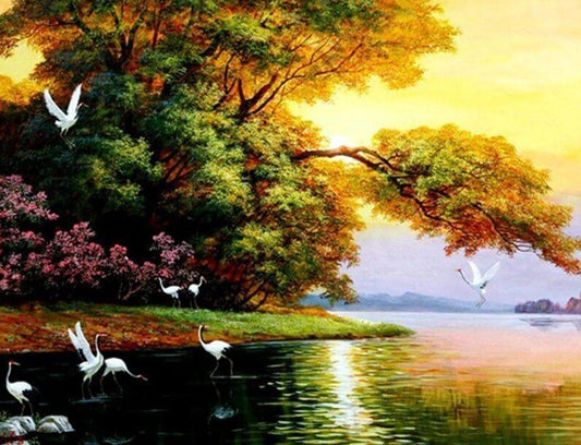 Vögel fliegen auf dem See - Diamond Painting
