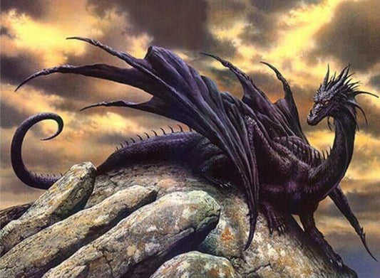 Schwarzer Drache auf dem Felsen - Diamond Painting