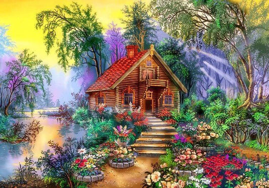 Blumen & Haus Landschaft Malerei Kit - Diamond Painting