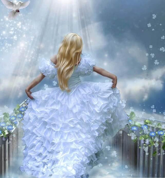 Mädchen, das im herrlichen weißen Kleid läuft - Diamond Painting