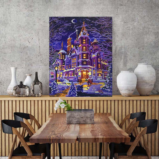 Ein Haus in der Winternacht LED - Diamond Painting