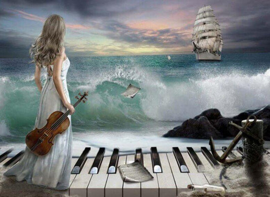 Dame mit Klavier & Violine am Strand - Diamond Painting