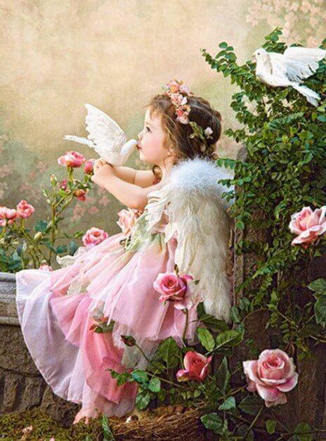 Kleines Mädchen & Tauben - Diamond Painting