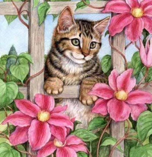 Rosa Blumen & Spionagekatze - Diamond Painting