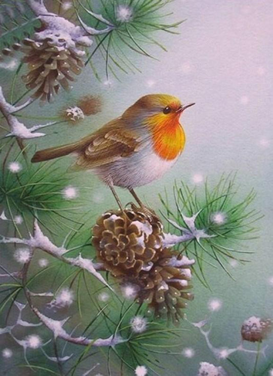 Spatz sitzt auf Tannenzapfen - Diamond Painting