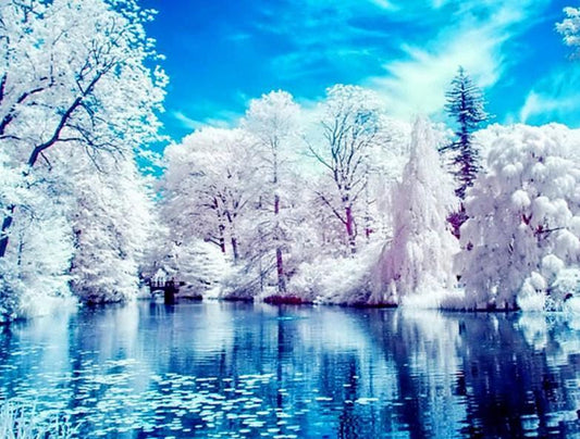 Weiße Bäume am See - Diamond Painting