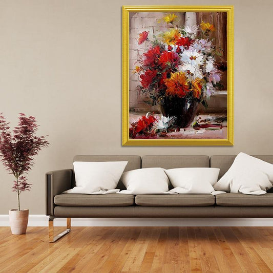 Rote, gelbe und weiße Blumen in einer Vase - Diamond Painting