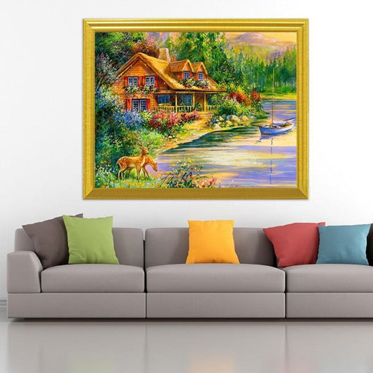 Schönes Haus am Fluss - Diamond Painting