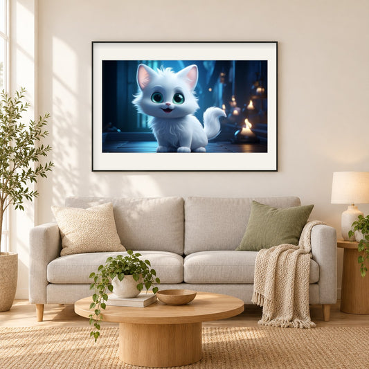Das Porträt einer bezaubernden Katze als gerahmtes Diamond Painting im Wohnzimmer