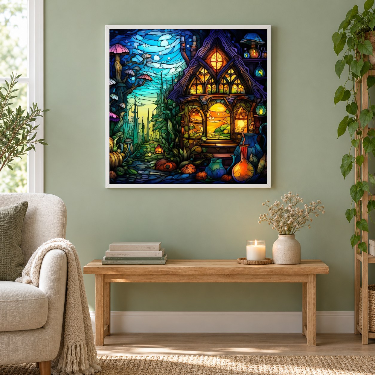 Märchenhaus im Buntglas Stil als gerahmtes Diamond Painting im Wohnzimmer
