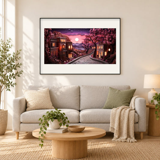Eine lebendige Aussicht auf den Sonnenuntergang als gerahmtes Diamond Painting im Wohnzimmer