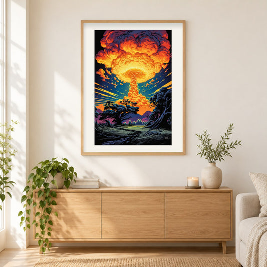 Eine gewaltige Explosion als gerahmtes Diamond Painting im Wohnzimmer