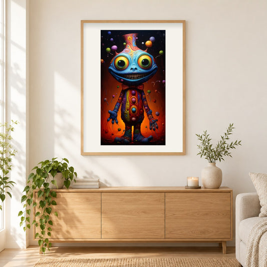 Ein lächelnder Besucher aus einer anderen Welt als gerahmtes Diamond Painting im Wohnzimmer