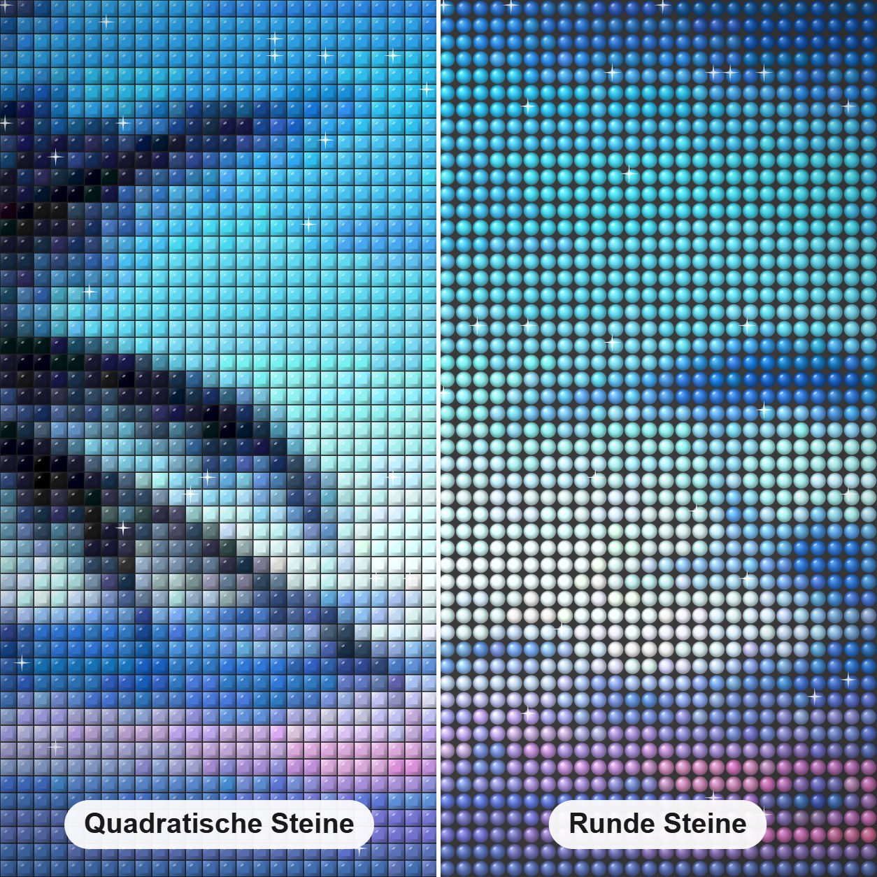 Abendansicht im Hawaii Diamond Painting Nahaufnahme mit quadratischen und runden Steinen
