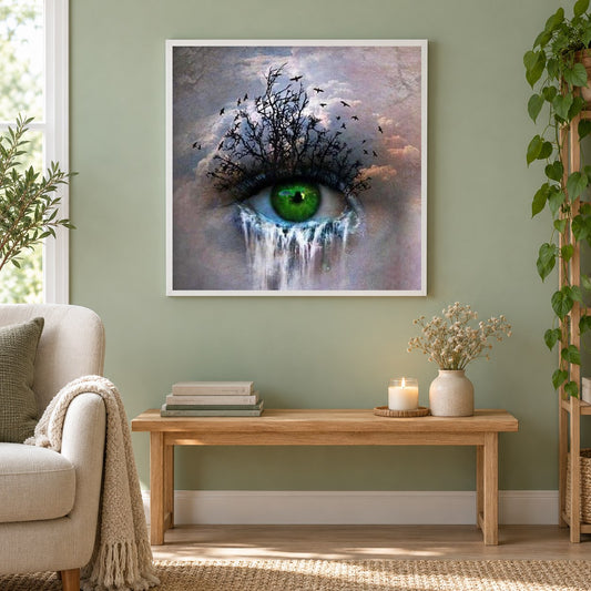 Abstrakte Augen Malen mit Diamanten als gerahmtes Diamond Painting im Wohnzimmer