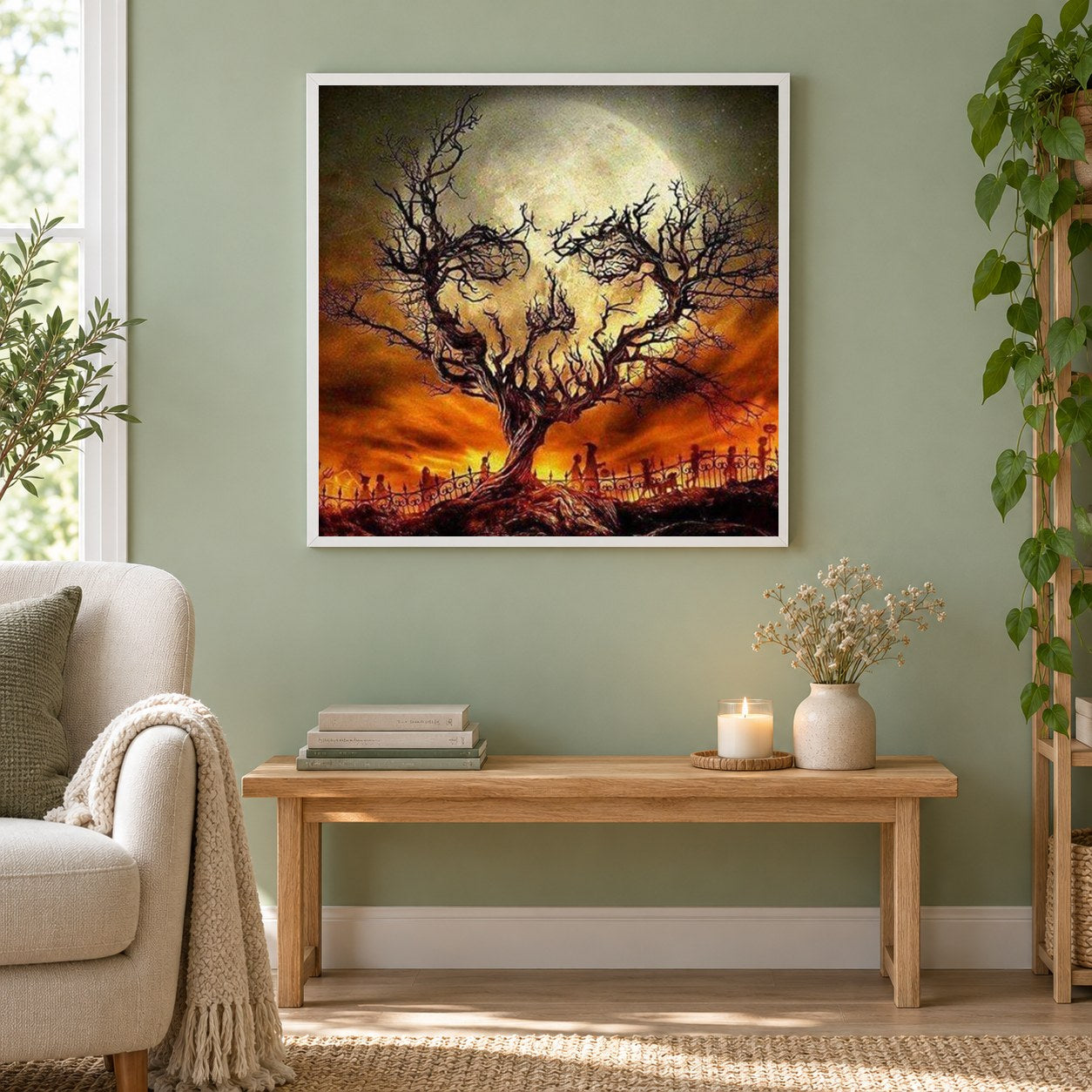 Abstrakter Schädelbaum als gerahmtes Diamond Painting im Wohnzimmer