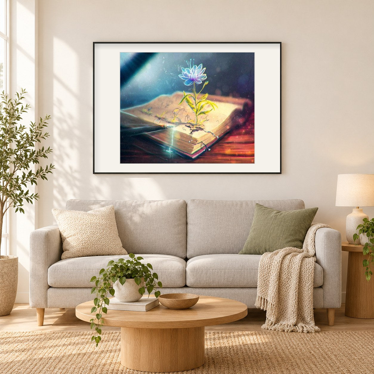 Abstraktes Buch als gerahmtes Diamond Painting im Wohnzimmer