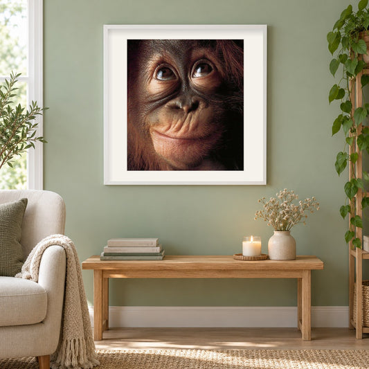 Affengesicht als gerahmtes Diamond Painting im Wohnzimmer