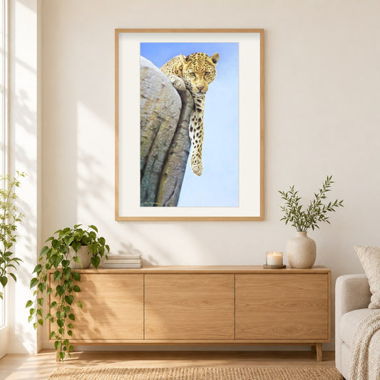 Afrikanischer Leopard -  Kunst des Eric Wilson als gerahmtes Diamond Painting im Wohnzimmer