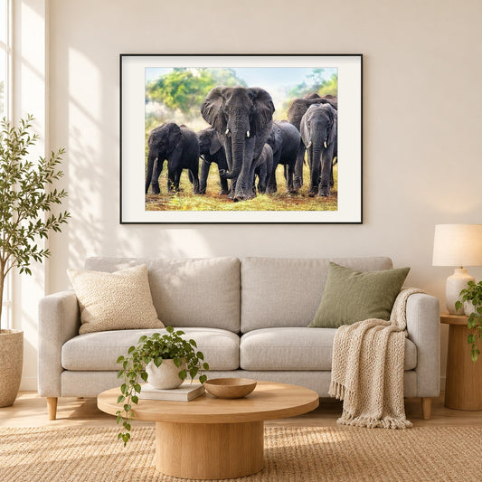 Afrikanische Elefanten als gerahmtes Diamond Painting im Wohnzimmer