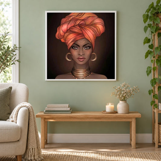 Afrikanische Frau mit Kopfwickel als gerahmtes Diamond Painting im Wohnzimmer