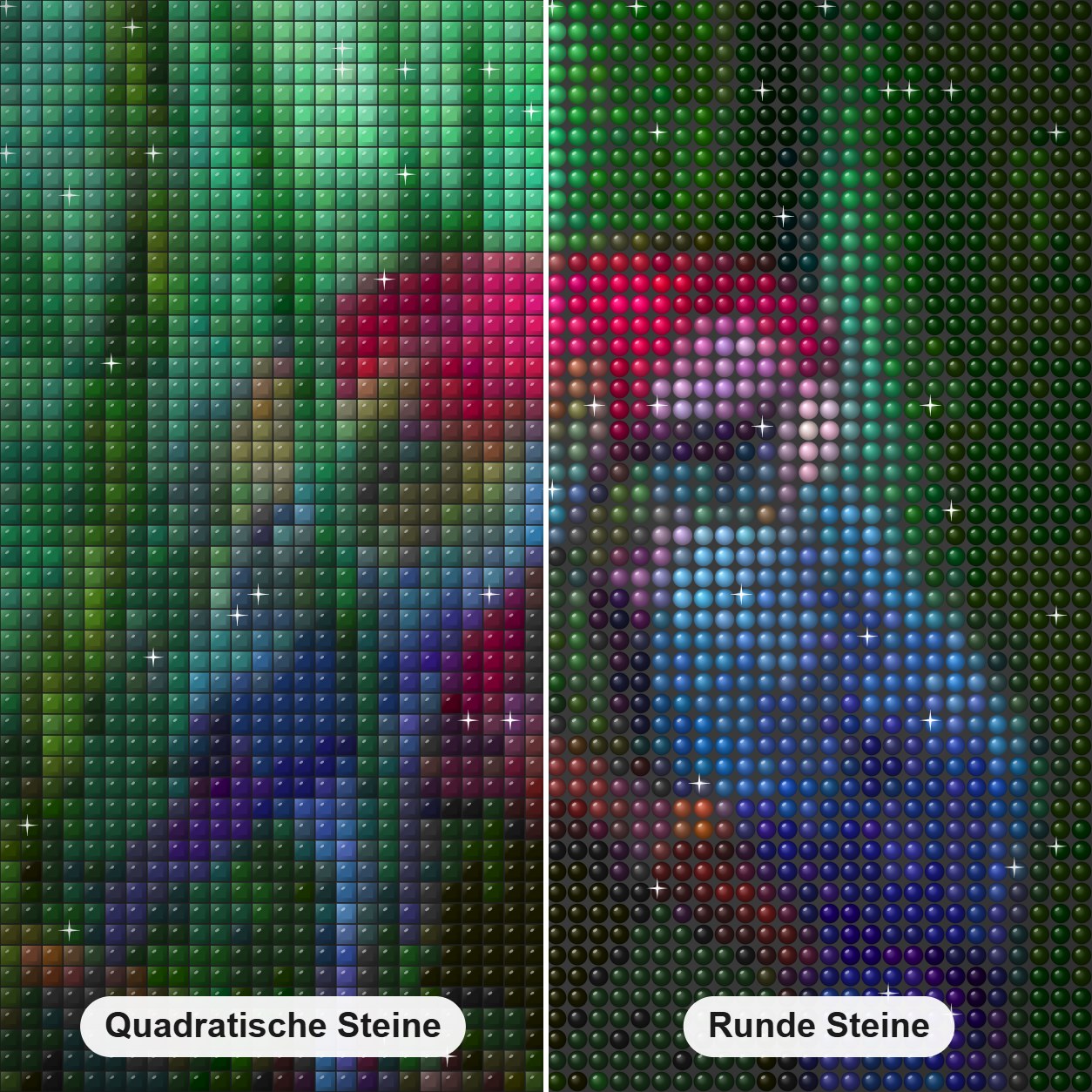 Afrikanische Papageien im dichten Wald Diamond Painting Nahaufnahme mit quadratischen und runden Steinen