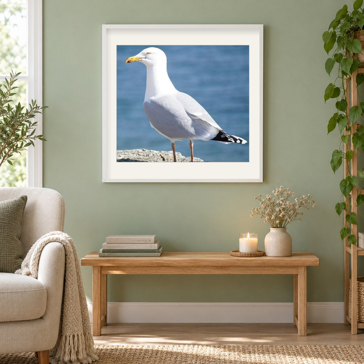 Albatros als gerahmtes Diamond Painting im Wohnzimmer