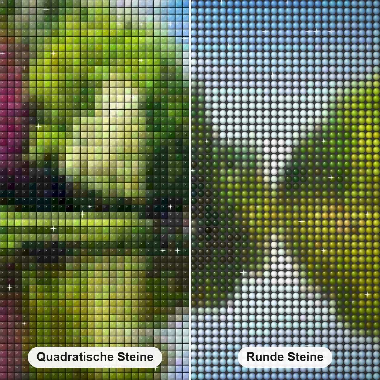 alle Jahreszeiten See Diamond Painting Nahaufnahme mit quadratischen und runden Steinen