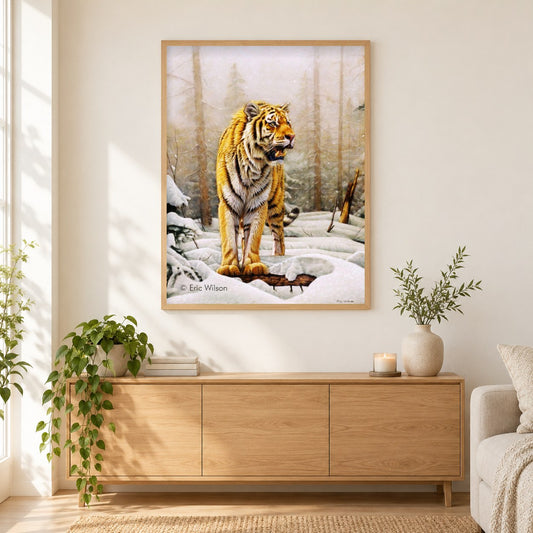 Sibirischer Amur-Tiger -  Kunst des Eric Wilson als gerahmtes Diamond Painting im Wohnzimmer