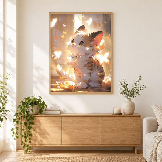 Anime-Katze umgeben von Schmetterlingen als gerahmtes Diamond Painting im Wohnzimmer