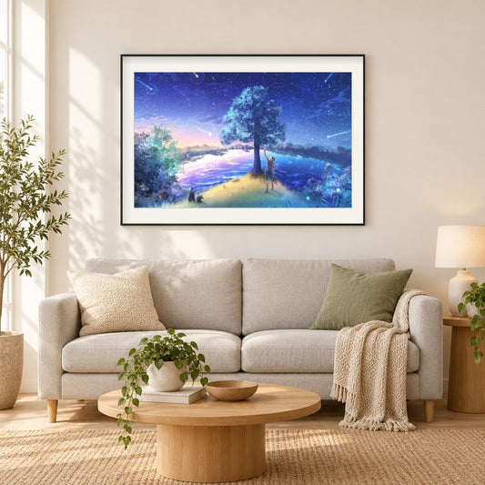 Anime-Landschaft der Sternschnuppen als gerahmtes Diamond Painting im Wohnzimmer