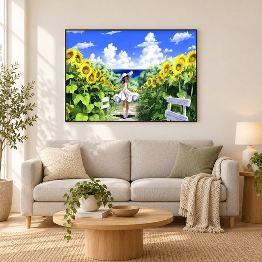 Anime Mädchen im Sonnenblumenfeld als gerahmtes Diamond Painting im Wohnzimmer