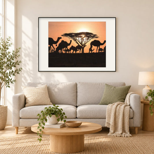 Arabische Kamele als gerahmtes Diamond Painting im Wohnzimmer