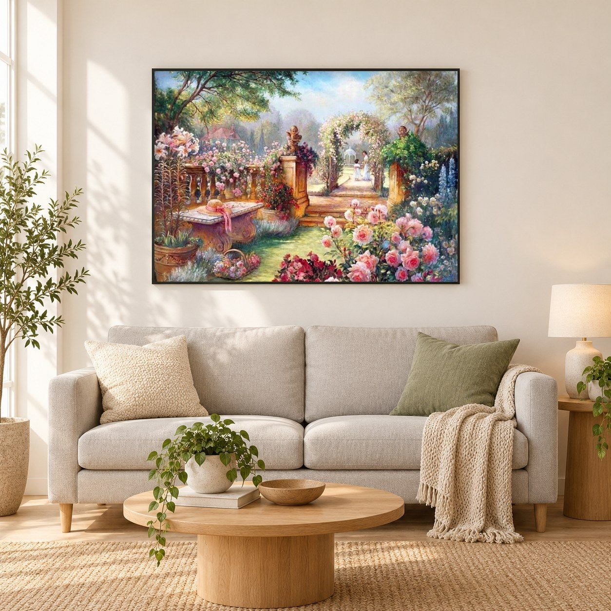 Atemberaubend Blumengarten als gerahmtes Diamond Painting im Wohnzimmer