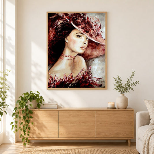 Atemberaubende Dame als gerahmtes Diamond Painting im Wohnzimmer