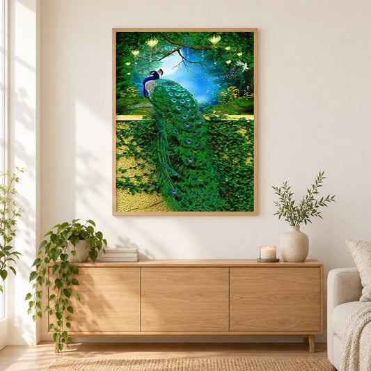 Atemberaubende Pfau als gerahmtes Diamond Painting im Wohnzimmer