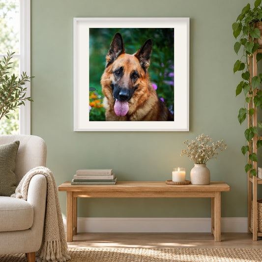 Atemberaubender Schäferhund als gerahmtes Diamond Painting im Wohnzimmer