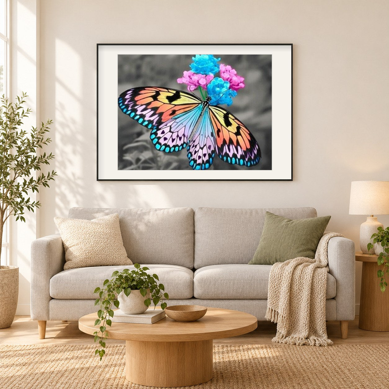 Atemberaubender Schmetterling & Blumen als gerahmtes Diamond Painting im Wohnzimmer