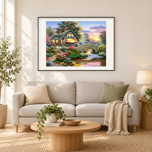 Atemberaubender Traumort als gerahmtes Diamond Painting im Wohnzimmer