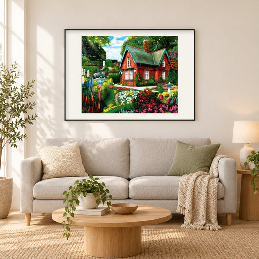 Atemberaubendes Haus & blühender Garten als gerahmtes Diamond Painting im Wohnzimmer