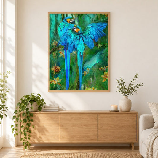Atemberaubendes Paar blaue Papageien als gerahmtes Diamond Painting im Wohnzimmer