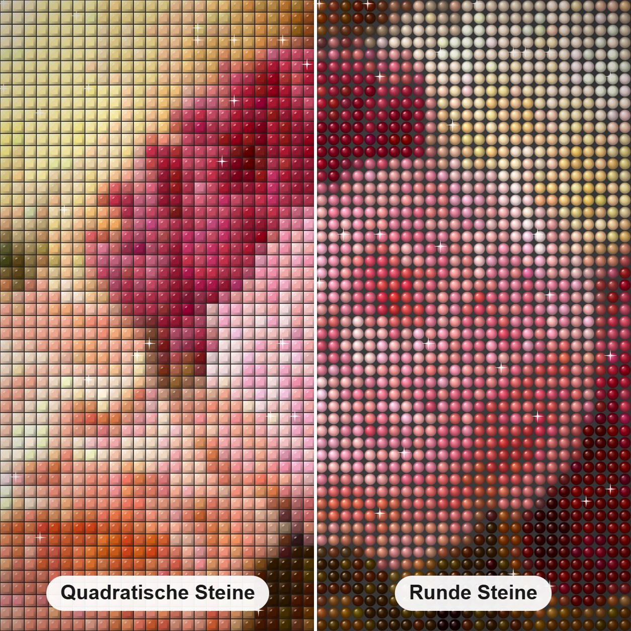 Aufwändige Blumen Diamond Painting Nahaufnahme mit quadratischen und runden Steinen