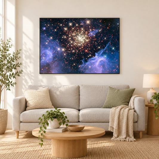 Ausbruch eines himmlischen Feuerwerks als gerahmtes Diamond Painting im Wohnzimmer