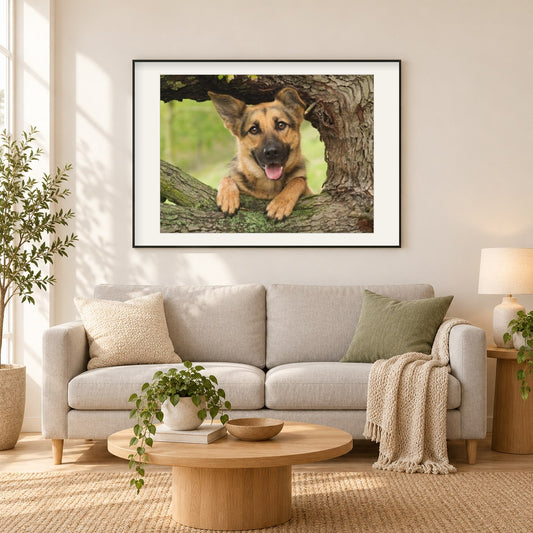 Baby Deutscher Schäferhund auf dem Baum als gerahmtes Diamond Painting im Wohnzimmer
