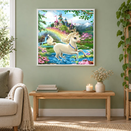 Baby Einhorn & Schloss im Fantasieland als gerahmtes Diamond Painting im Wohnzimmer