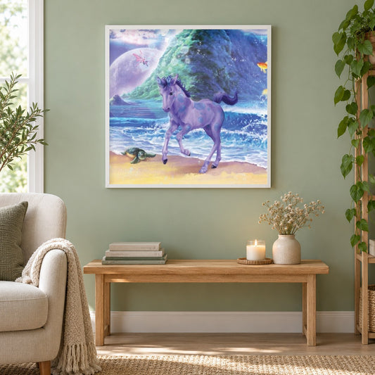 Baby Pferd läuft am Strand als gerahmtes Diamond Painting im Wohnzimmer