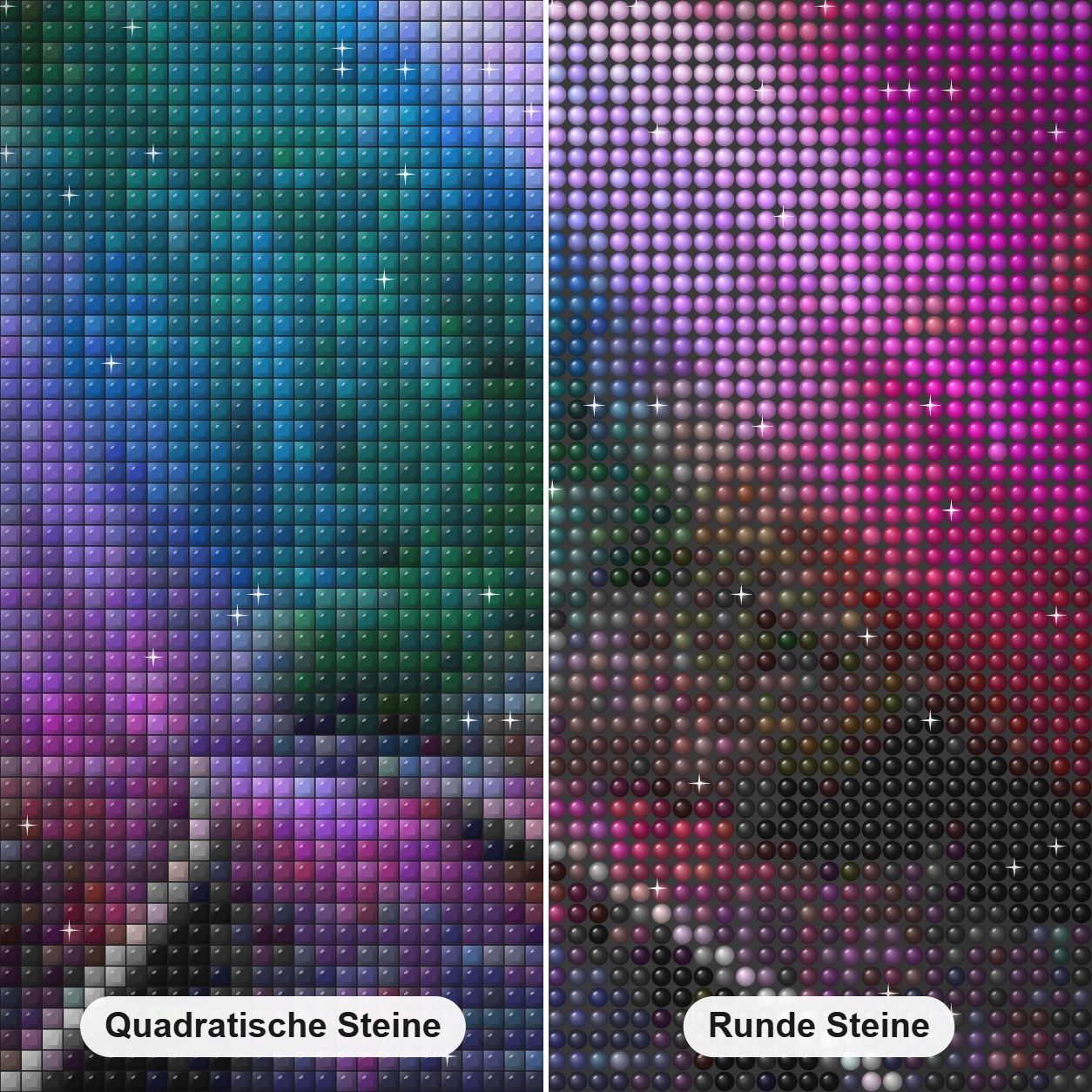 Bahngleis Diamond Painting Nahaufnahme mit quadratischen und runden Steinen