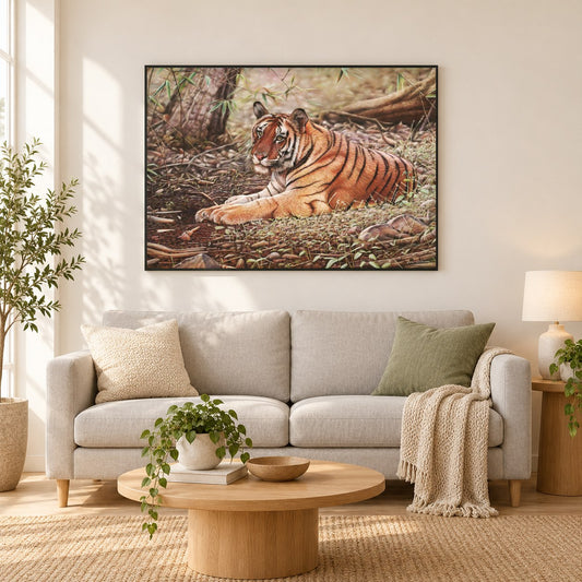 Bandhavgar Tiger -  Kunst des Eric Wilson als gerahmtes Diamond Painting im Wohnzimmer