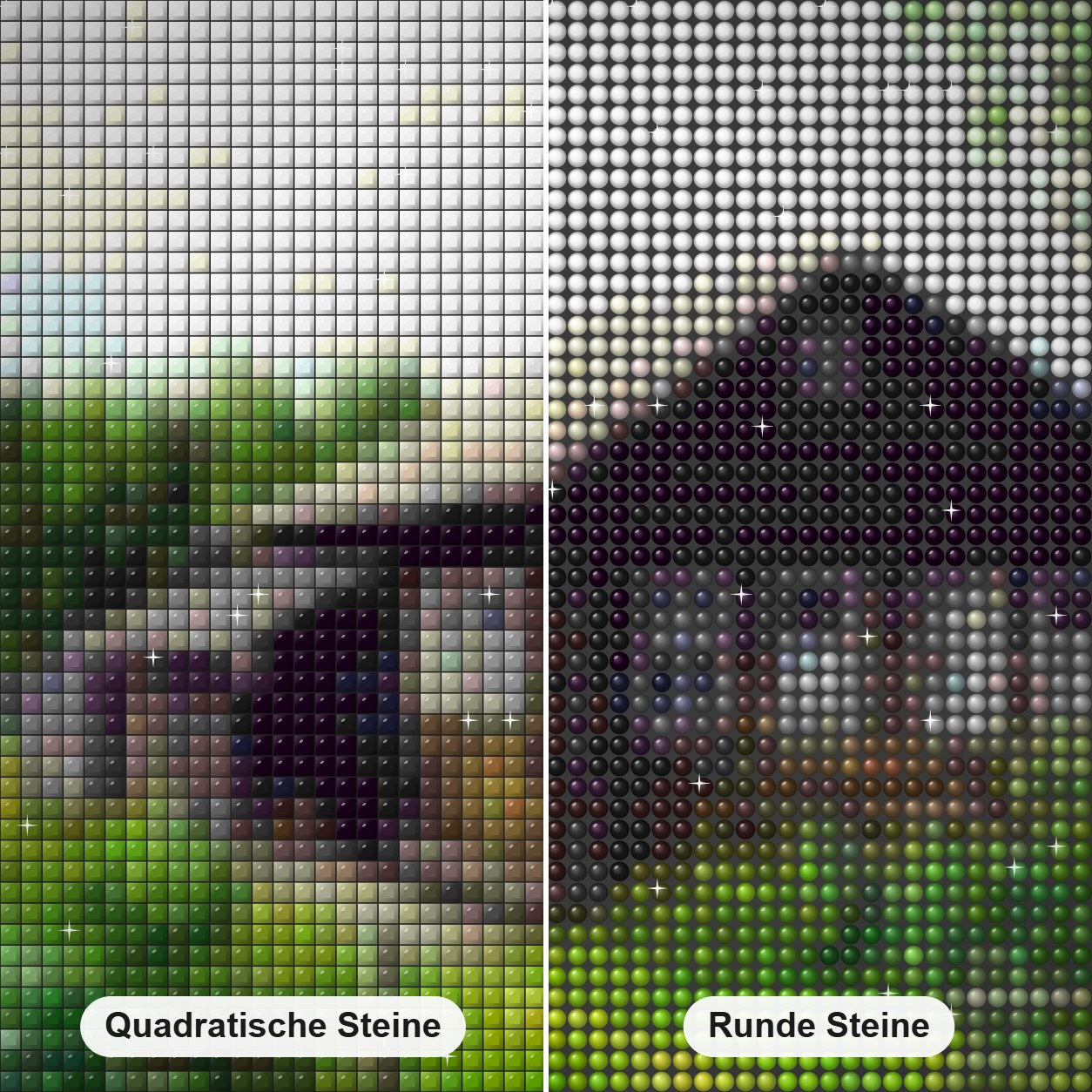 Bauernhaus Diamond Painting Nahaufnahme mit quadratischen und runden Steinen